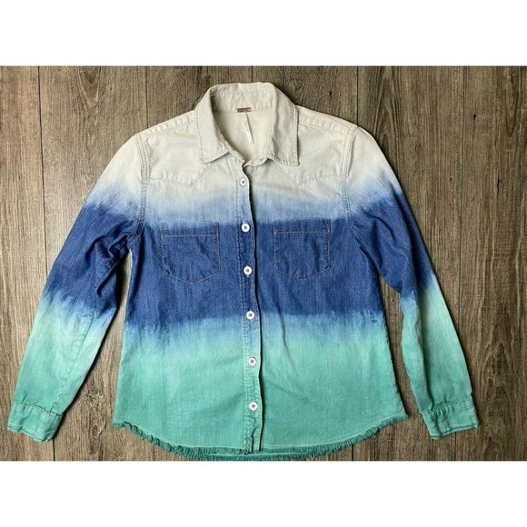 Free People Before Sunrise Ombre Raw Hem Denim Button Down Shirt Women’s XS